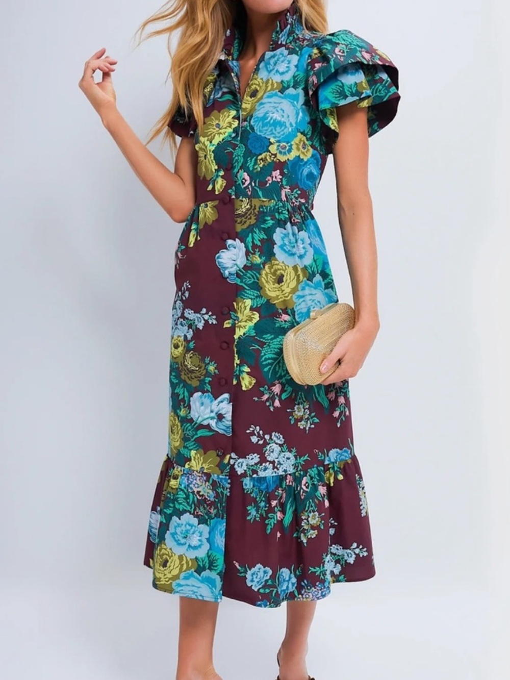 Tuckernuck Alice Verdant Floral Midi Dress Oxblood Ruffle Sleeve 100% Cotton S - Picture 9 of 11